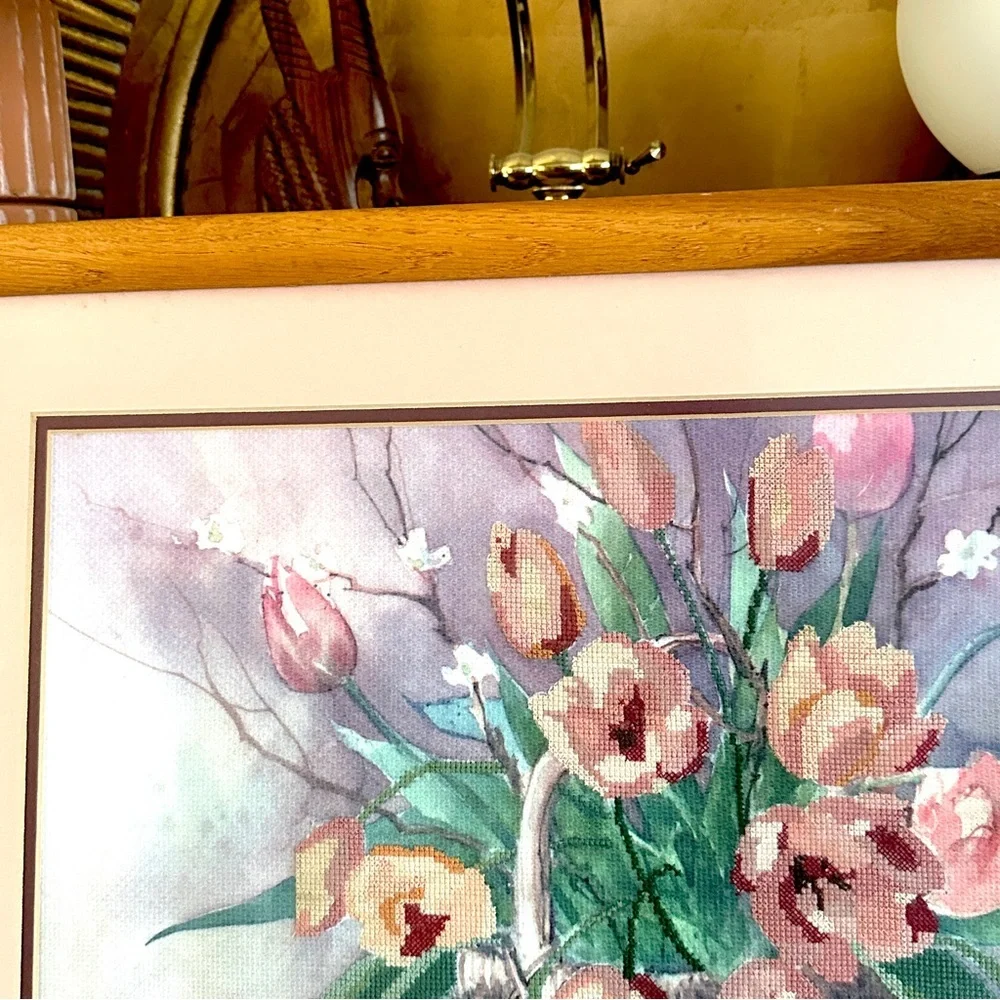 Vtg 1985 Tulip Embroidered Cross Stitch Barbara Mock Signed Floral Print Frame